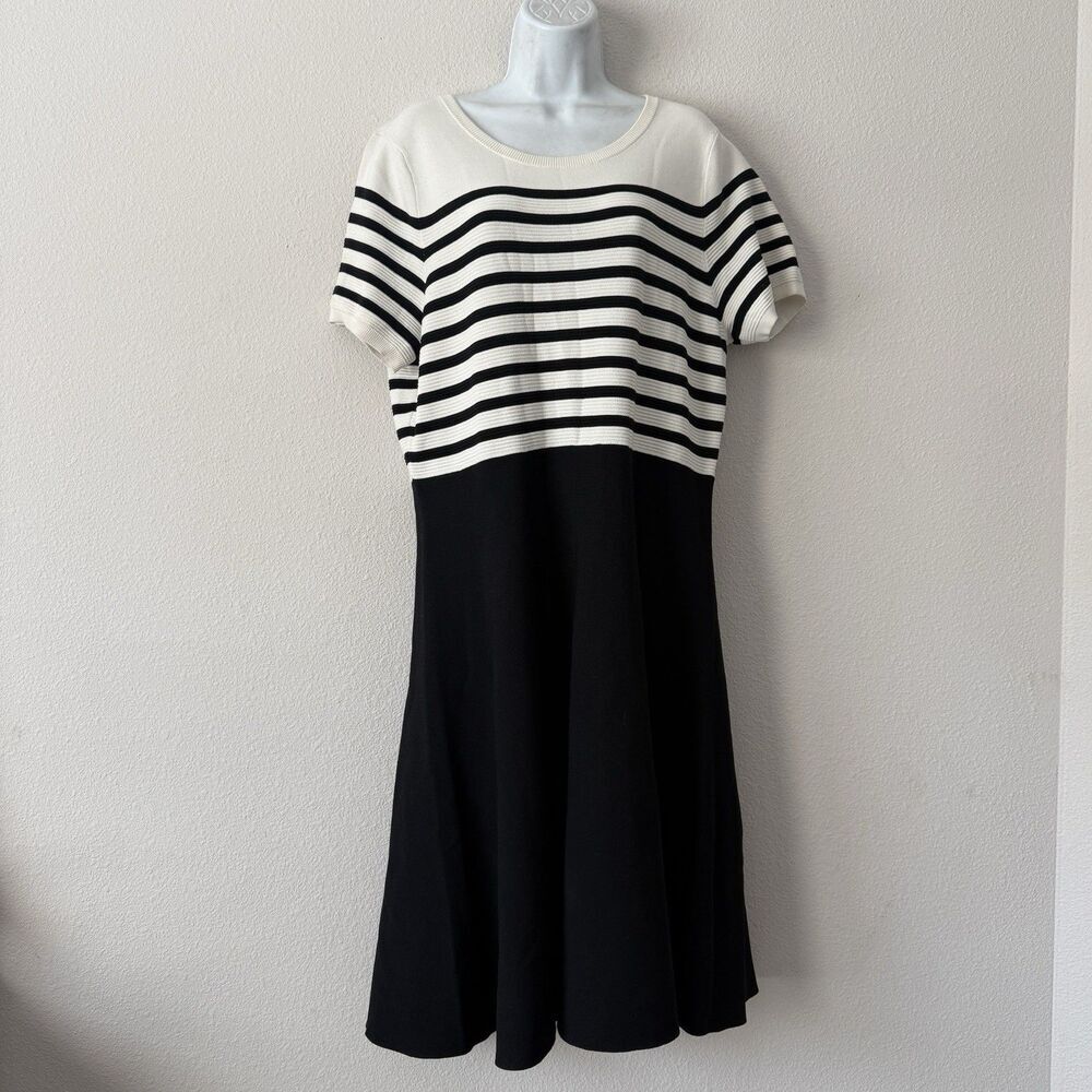 Talbots Striped Knit Dress XL Black & White Fit & Flare Midi Scoop Neck Preppy